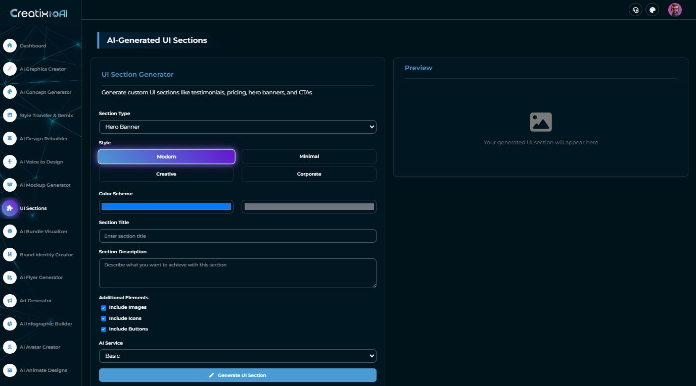 ai-generated-ui-sections-dashboard-creatixio